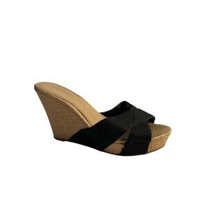 Aldo Women's Brown Wedge Heels Black Fabric Sandals Cross Strap‎  Size 8